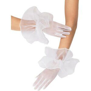 Women's White Short Mesh Imported Tulle Sheer Lace Ruffles Gloves